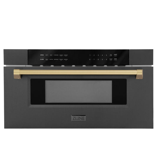 ZLINE Autograph Edition 30-Inch 1.2 cu. ft. Built-In Microwave Drawer in Black Stainless Steel with Accents with Champagne Bronze Trim (MWDZ-30-BS-CB)