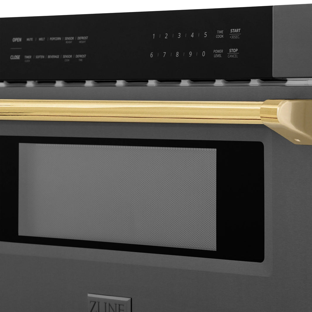 ZLINE Autograph Edition 30-Inch 1.2 cu. ft. Built-In Microwave Drawer in Black Stainless Steel with Accents with Gold Trim (MWDZ-30-BS-G)