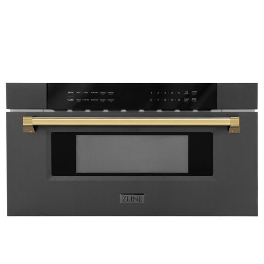 ZLINE Autograph Edition 30-Inch 1.2 cu. ft. Built-In Microwave Drawer in Black Stainless Steel with Accents with Gold Trim (MWDZ-30-BS-G)