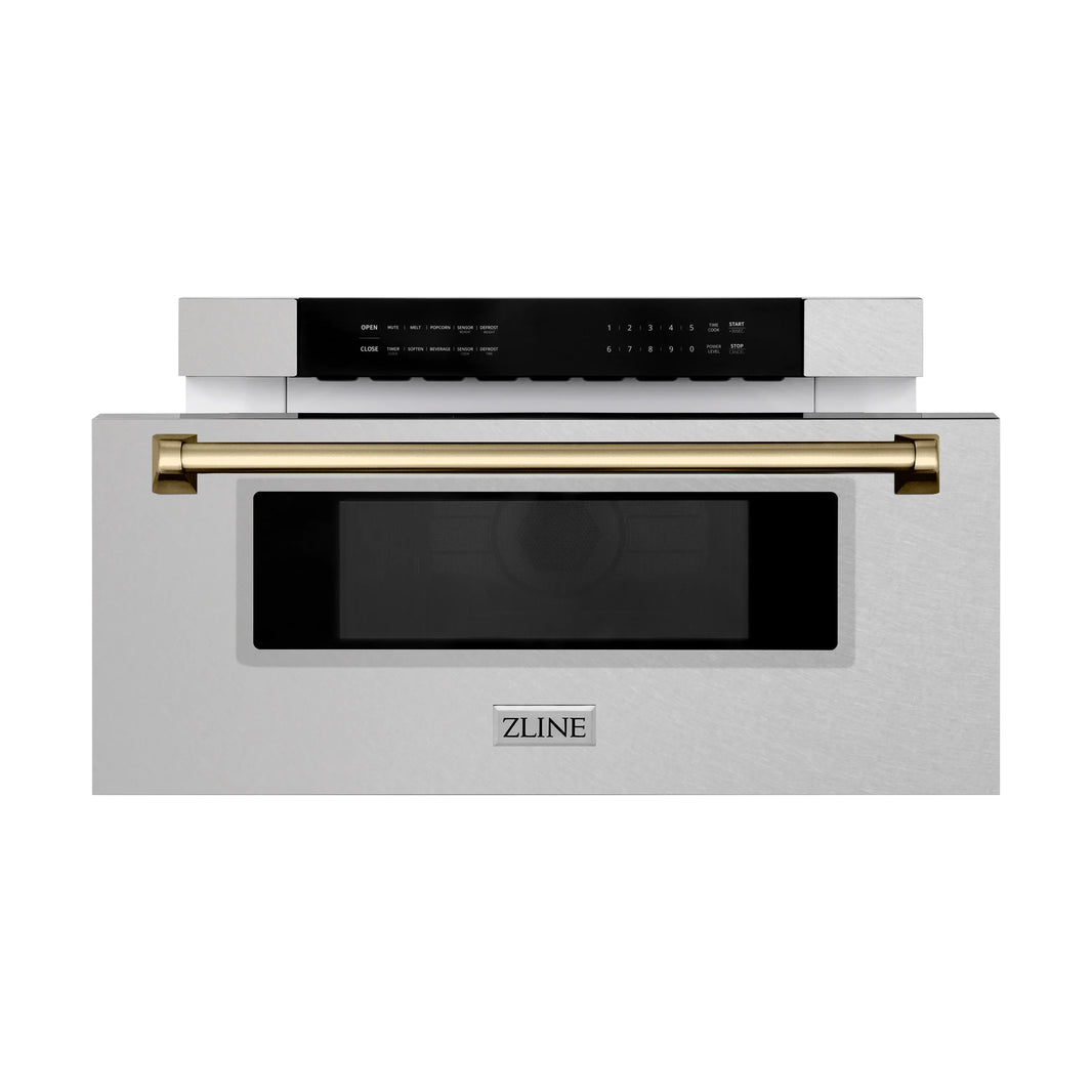 ZLINE Autograph Edition 30" 1.2 cu. ft. Built-In Microwave Drawer in Fingerprint Resistant DuraSnow Stainless Steel with Champagne Bronze Accents (MWDZ-30-SS-CB)