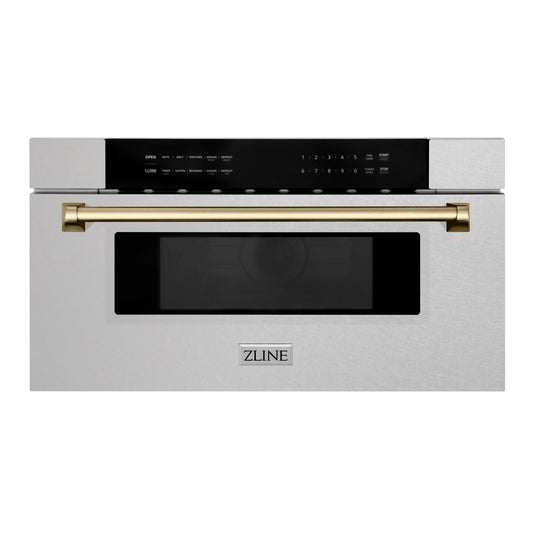 ZLINE Autograph Edition 30" 1.2 cu. ft. Built-In Microwave Drawer in Fingerprint Resistant DuraSnow Stainless Steel with Champagne Bronze Accents (MWDZ-30-SS-CB)