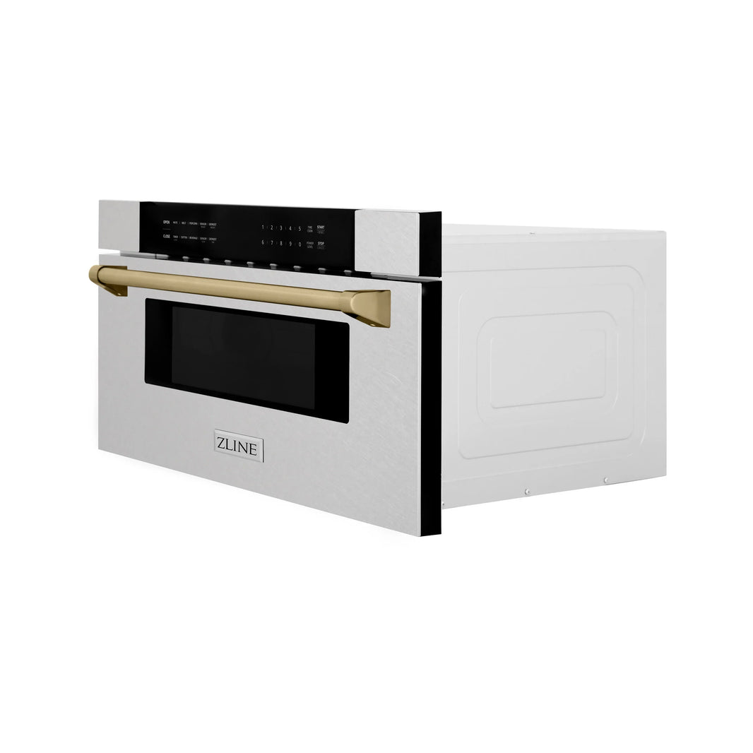 ZLINE Autograph Edition 30" 1.2 cu. ft. Built-In Microwave Drawer in Fingerprint Resistant DuraSnow Stainless Steel with Champagne Bronze Accents (MWDZ-30-SS-CB)