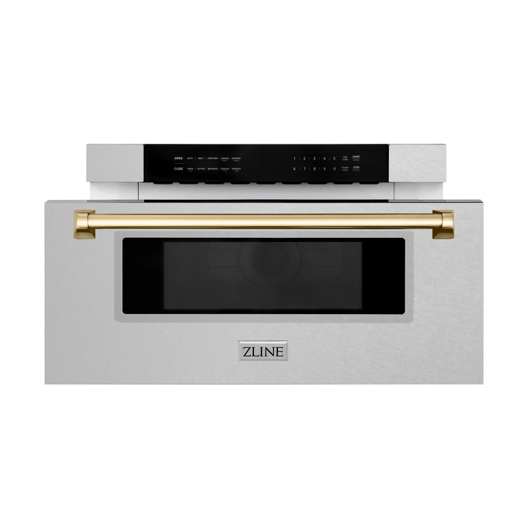 ZLINE Autograph Edition 30" 1.2 cu. ft. Built-In Microwave Drawer in Fingerprint Resistant DuraSnow Stainless Steel with Gold Accents (MWDZ-30-SS-G)