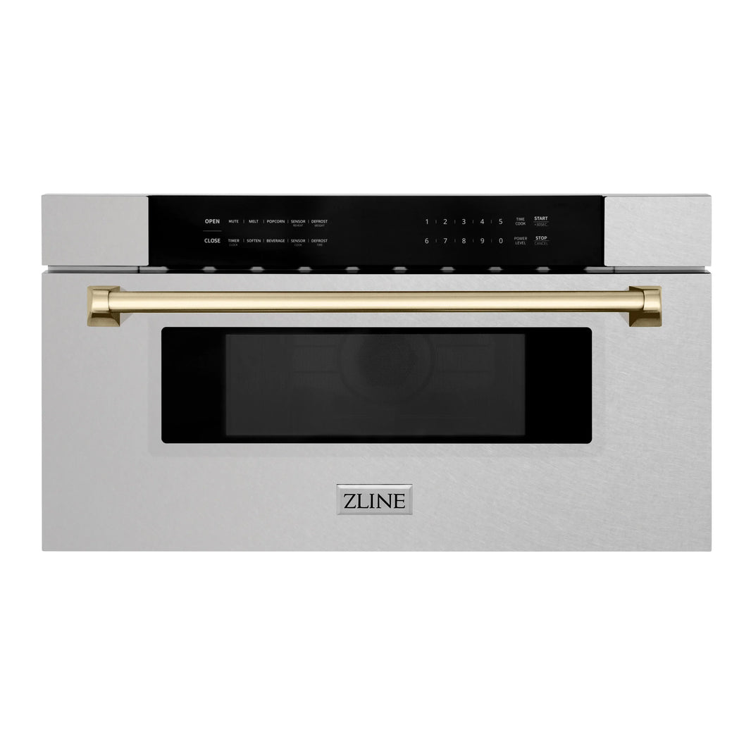 ZLINE Autograph Edition 30" 1.2 cu. ft. Built-In Microwave Drawer in Fingerprint Resistant DuraSnow Stainless Steel with Gold Accents (MWDZ-30-SS-G)