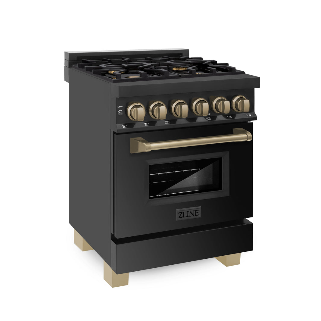 ZLINE Autograph Edition 24-Inch 2.8 cu. ft. Dual Fuel Range with Gas Stove and Electric Oven in Black Stainless Steel with Champagne Bronze Accents (RABZ-24-CB)