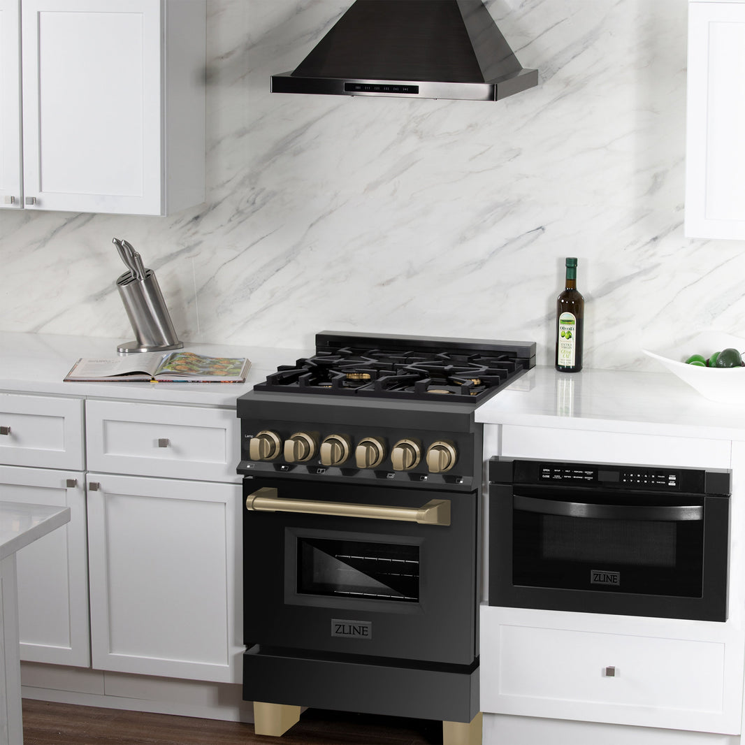 ZLINE Autograph Edition 24-Inch 2.8 cu. ft. Dual Fuel Range with Gas Stove and Electric Oven in Black Stainless Steel with Champagne Bronze Accents (RABZ-24-CB)