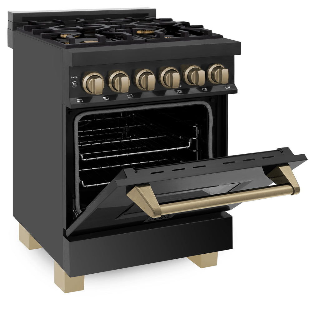 ZLINE Autograph Edition 24-Inch 2.8 cu. ft. Dual Fuel Range with Gas Stove and Electric Oven in Black Stainless Steel with Champagne Bronze Accents (RABZ-24-CB)