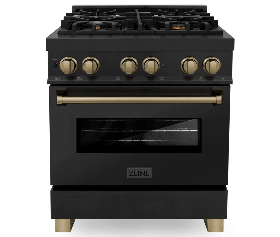 ZLINE Autograph Edition 2-Piece Appliance Package - 30" Dual Fuel Range & Wall Mounted Range Hood in Black Stainless Steel with Champagne Bronze Trim (2AKP-RABRH30-CB)