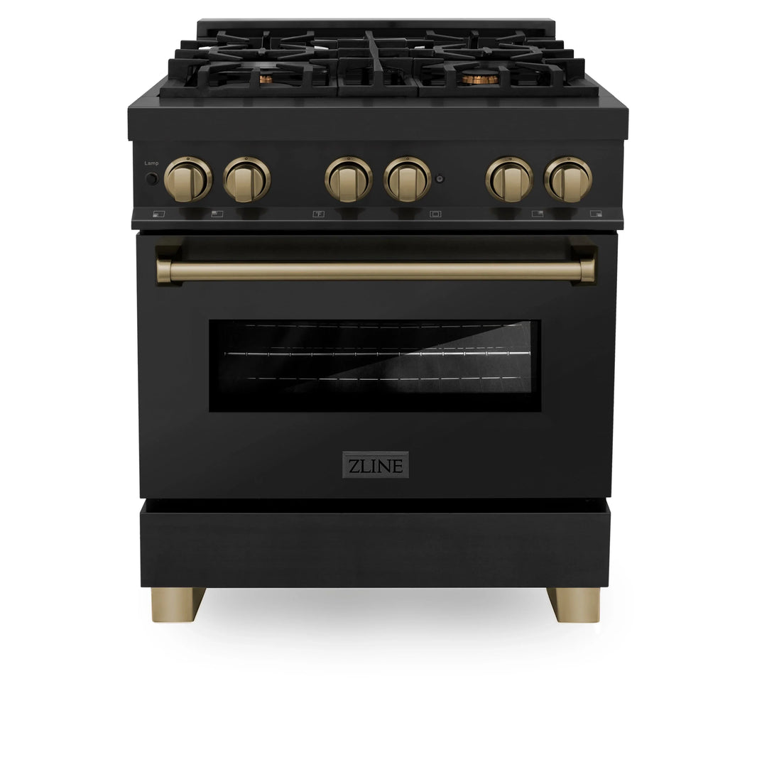 ZLINE Autograph Edition 3-Piece Appliance Package - 30" Dual Fuel Range, Wall Mounted Range Hood, & 24" Tall Tub Dishwasher in Black Stainless Steel with Champagne Bronze Trim (3AKP-RABRHDWV30-CB)