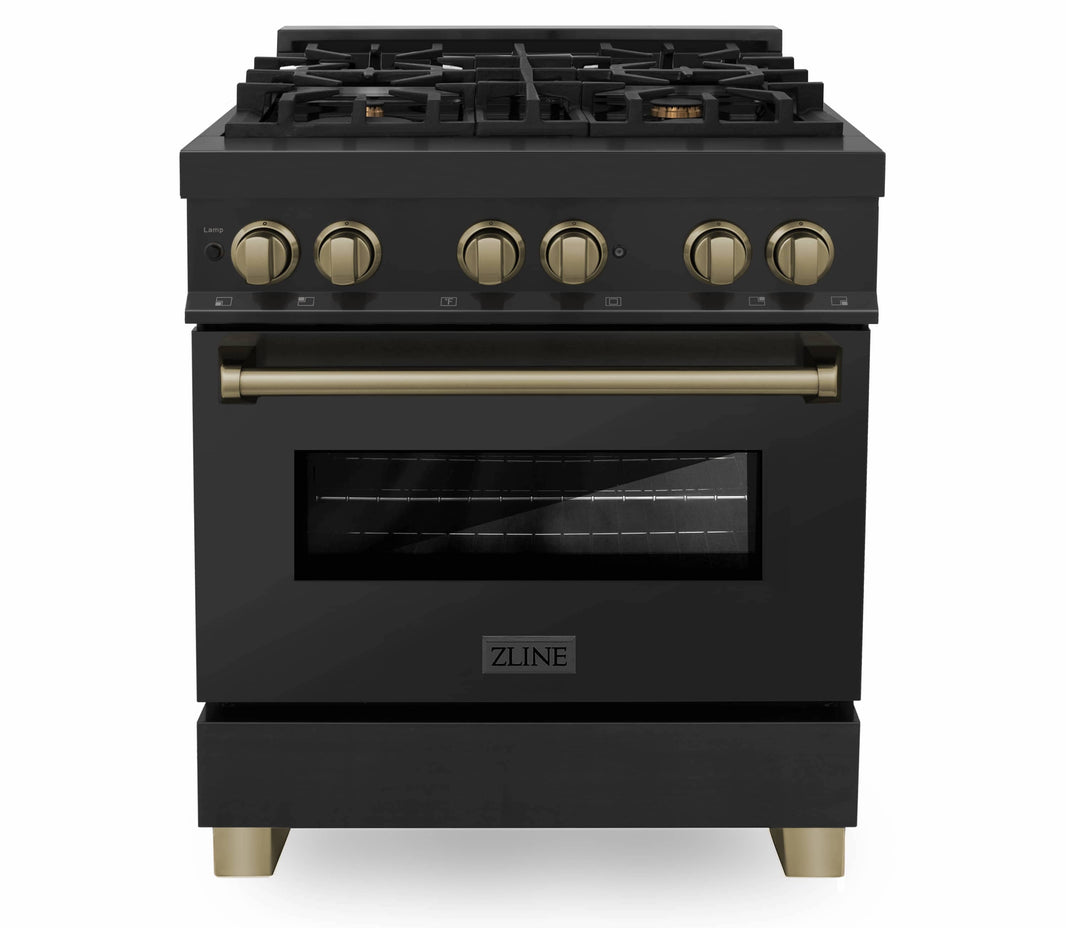 ZLINE Autograph Edition 30-Inch 4.0 cu. ft. Dual Fuel Range with Gas Stove and Electric Oven in Black Stainless Steel with Champagne Bronze Accents (RABZ-30-CB)