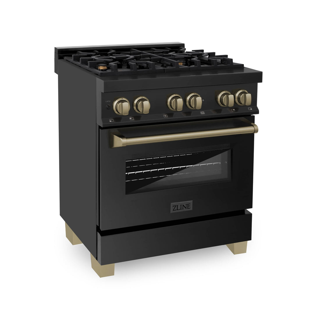 ZLINE Autograph Edition 30-Inch 4.0 cu. ft. Dual Fuel Range with Gas Stove and Electric Oven in Black Stainless Steel with Champagne Bronze Accents (RABZ-30-CB)