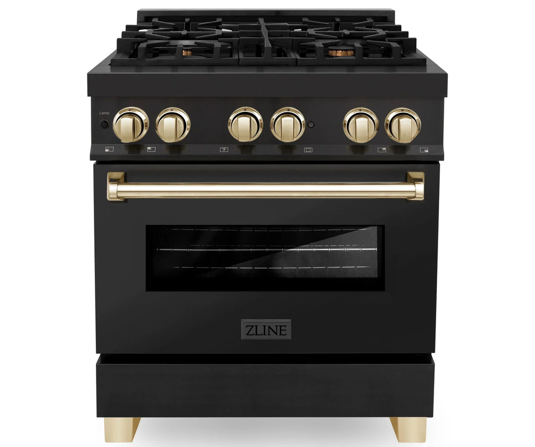 ZLINE Autograph Edition 2-Piece Appliance Package - 30" Dual Fuel Range & Wall Mounted Range Hood in Black Stainless Steel with Gold Trim (2AKP-RABRH30-G)