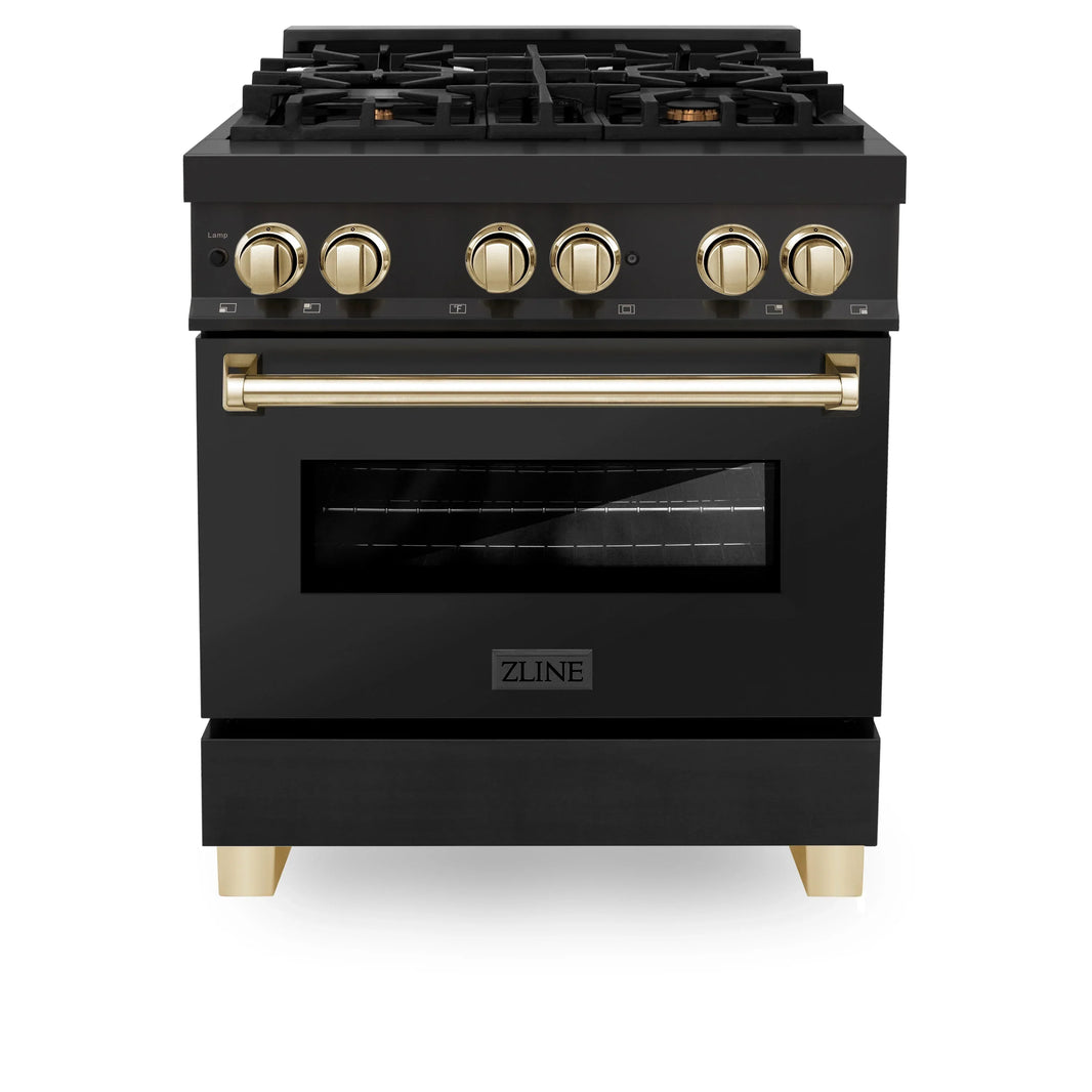 ZLINE Autograph Edition 3-Piece Appliance Package - 30" Dual Fuel Range, Wall Mounted Range Hood, & 24" Tall Tub Dishwasher in Black Stainless Steel with Gold Trim (3AKP-RABRHDWV30-G)