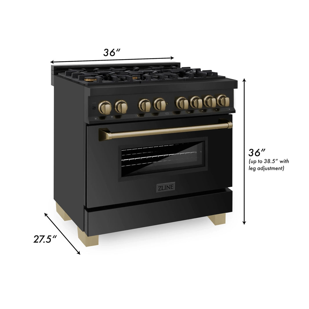 ZLINE Autograph Edition 2-Piece Appliance Package - 36" Dual Fuel Range & Wall Mounted Range Hood in Black Stainless Steel with Champagne Bronze Trim (2AKP-RABRH36-CB)