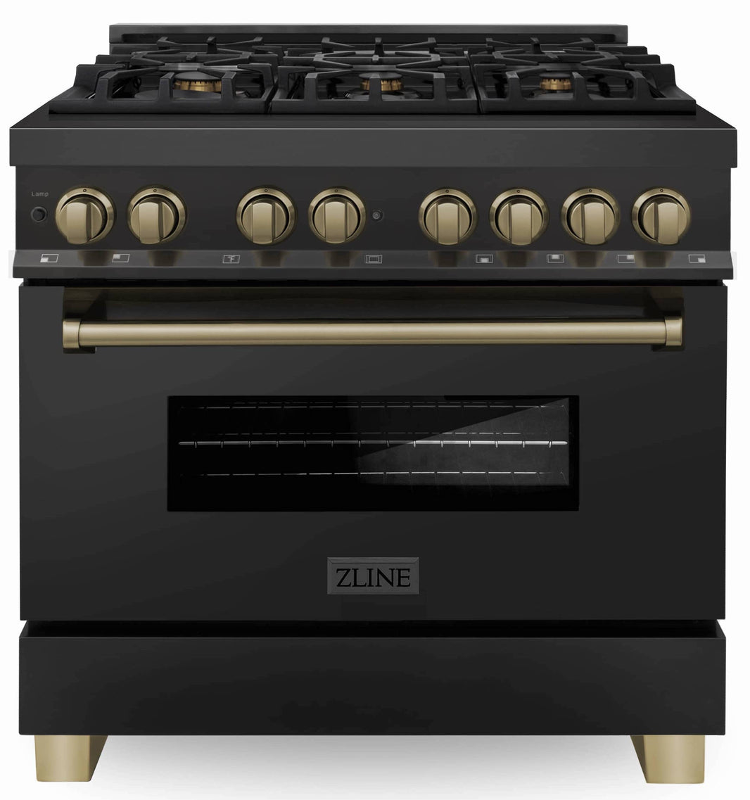 ZLINE Autograph Edition 36-Inch 4.6 cu. ft. Dual Fuel Range with Gas Stove and Electric Oven in Black Stainless Steel with Champagne Bronze Accents (RABZ-36-CB)