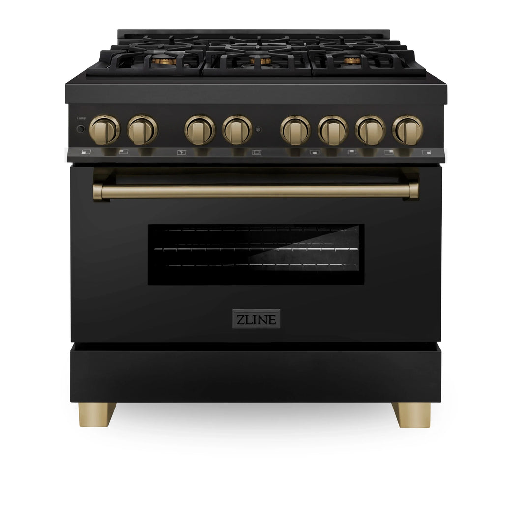 ZLINE Autograph Edition 2-Piece Appliance Package - 36" Dual Fuel Range & Wall Mounted Range Hood in Black Stainless Steel with Champagne Bronze Trim (2AKP-RABRH36-CB)