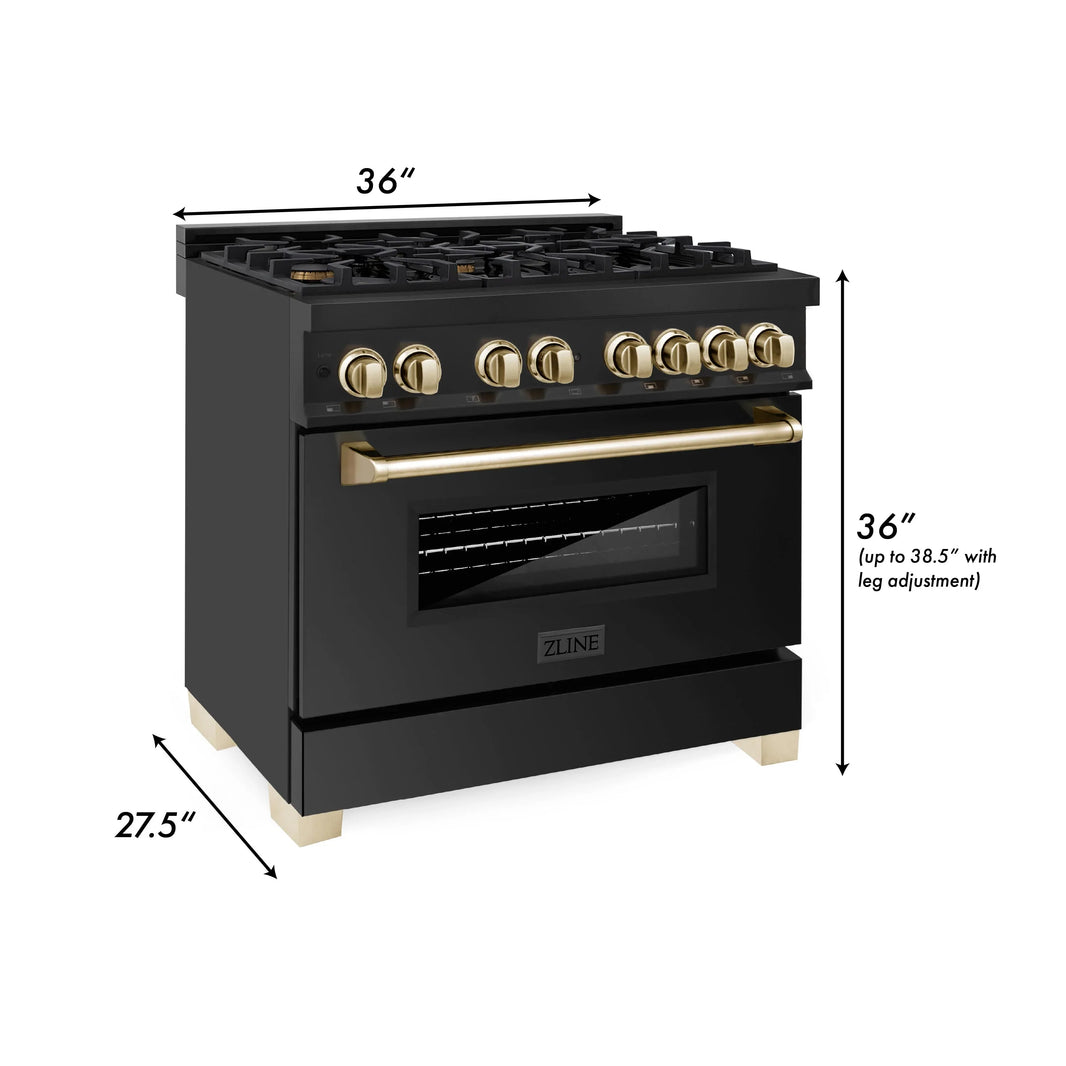 ZLINE Autograph Edition 3-Piece Appliance Package - 36" Dual Fuel Range, Wall Mounted Range Hood, & 24" Tall Tub Dishwasher in Black Stainless Steel with Gold Trim (3AKP-RABRHDWV36-G)