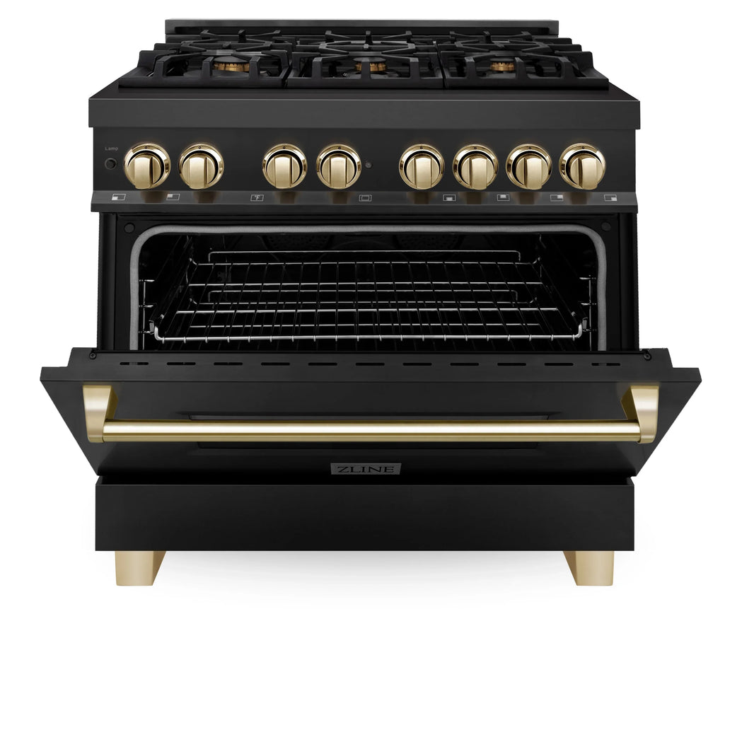 ZLINE Autograph Edition 2-Piece Appliance Package - 36" Dual Fuel Range & Wall Mounted Range Hood in Black Stainless Steel with Gold Trim (2AKP-RABRH36-G)