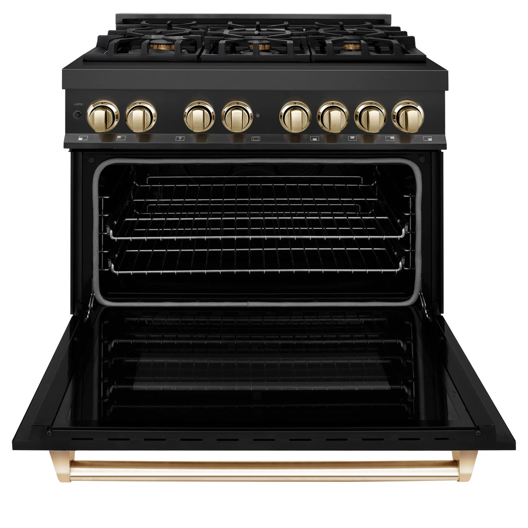 ZLINE Autograph Edition 36-Inch 4.6 cu. ft. Dual Fuel Range with Gas Stove and Electric Oven in Black Stainless Steel with Gold Accents (RABZ-36-G)