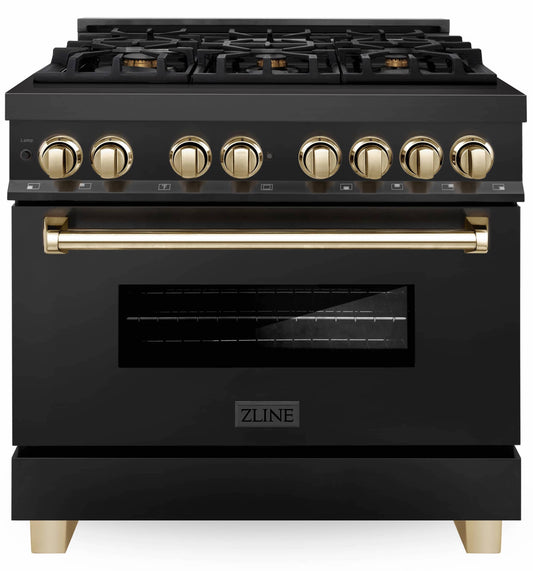 ZLINE Autograph Edition 36-Inch 4.6 cu. ft. Dual Fuel Range with Gas Stove and Electric Oven in Black Stainless Steel with Gold Accents (RABZ-36-G)