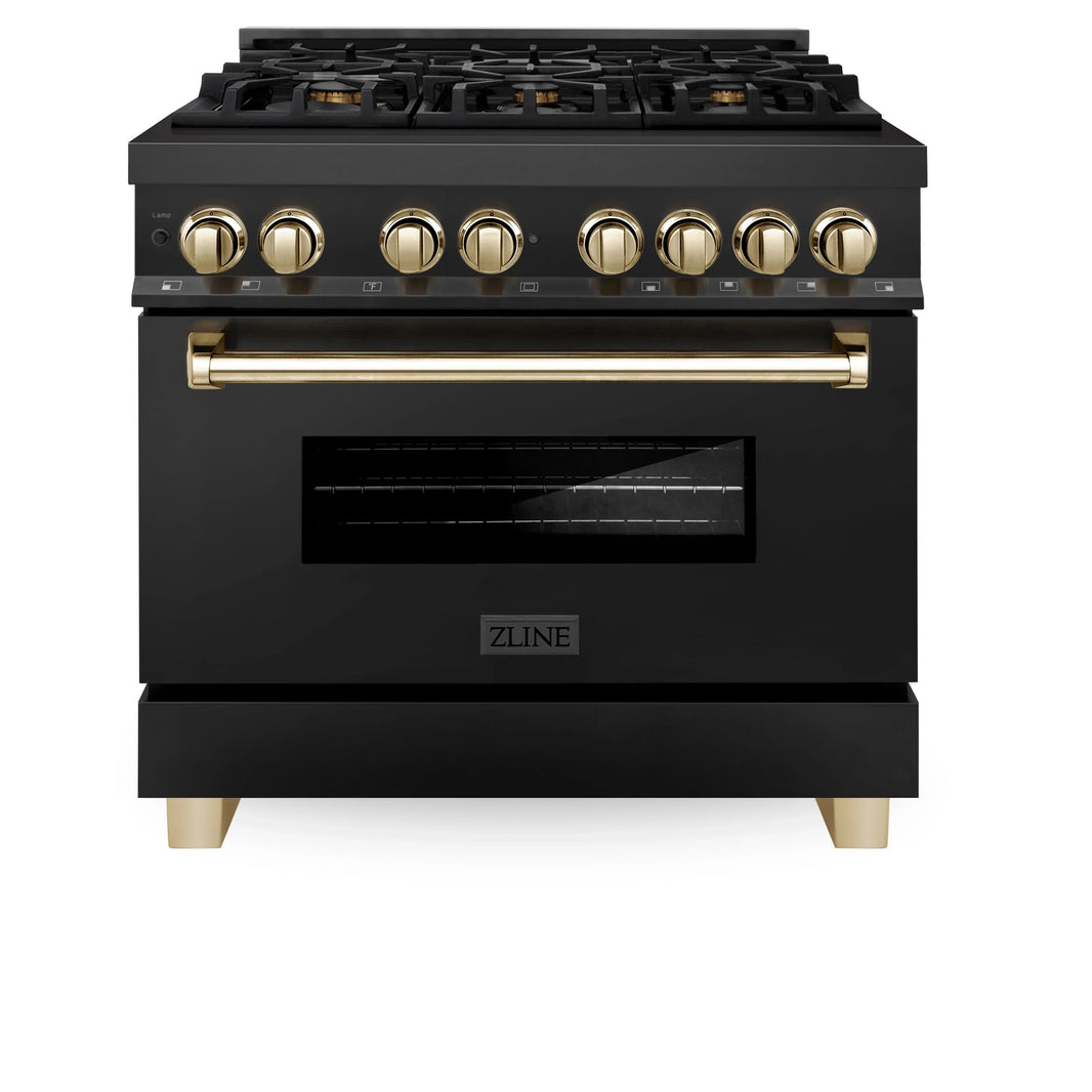 ZLINE Autograph Edition 2-Piece Appliance Package - 36" Dual Fuel Range & Wall Mounted Range Hood in Black Stainless Steel with Gold Trim (2AKP-RABRH36-G)