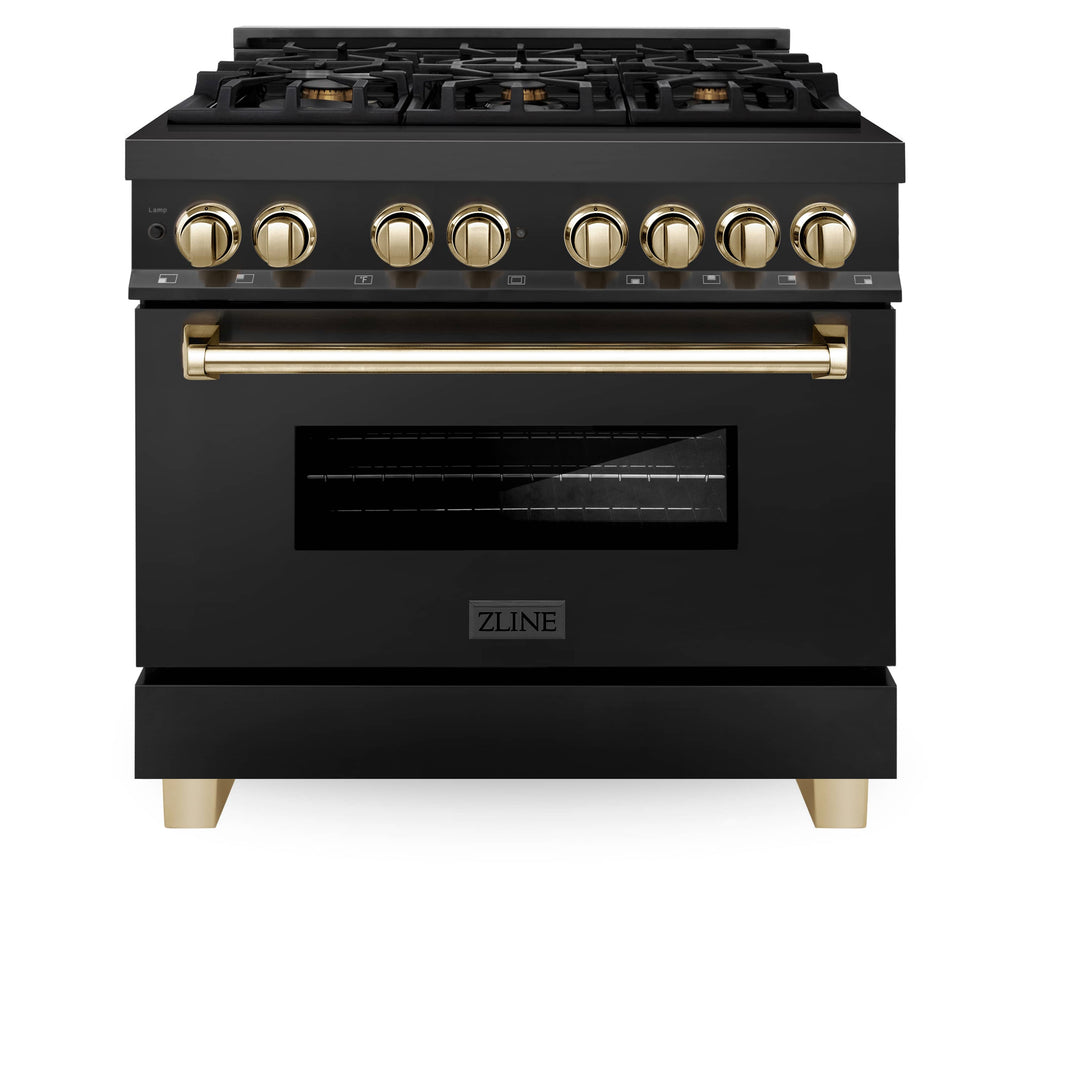 ZLINE Autograph Edition 36-Inch 4.6 cu. ft. Dual Fuel Range with Gas Stove and Electric Oven in Black Stainless Steel with Gold Accents (RABZ-36-G)