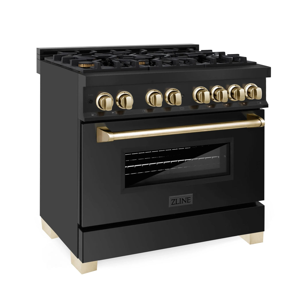 ZLINE Autograph Edition 3-Piece Appliance Package - 36" Dual Fuel Range, Wall Mounted Range Hood, & 24" Tall Tub Dishwasher in Black Stainless Steel with Gold Trim (3AKP-RABRHDWV36-G)