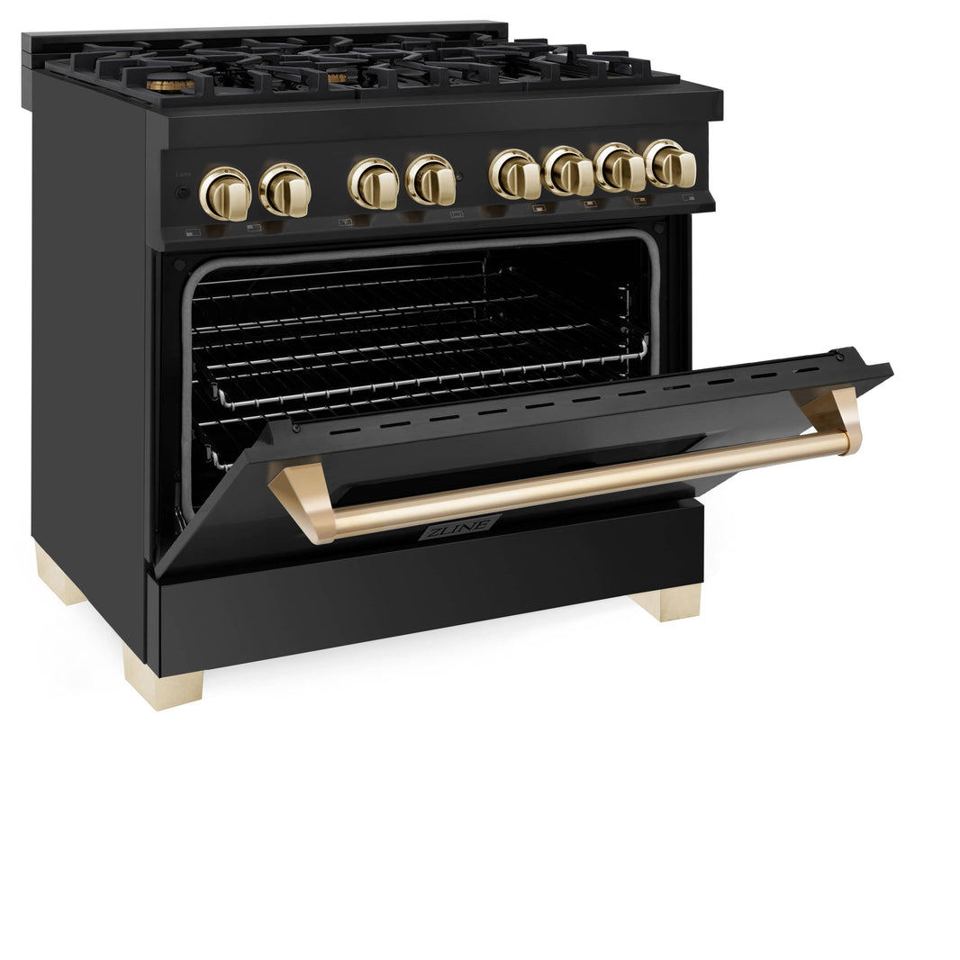 ZLINE Autograph Edition 36-Inch 4.6 cu. ft. Dual Fuel Range with Gas Stove and Electric Oven in Black Stainless Steel with Gold Accents (RABZ-36-G)