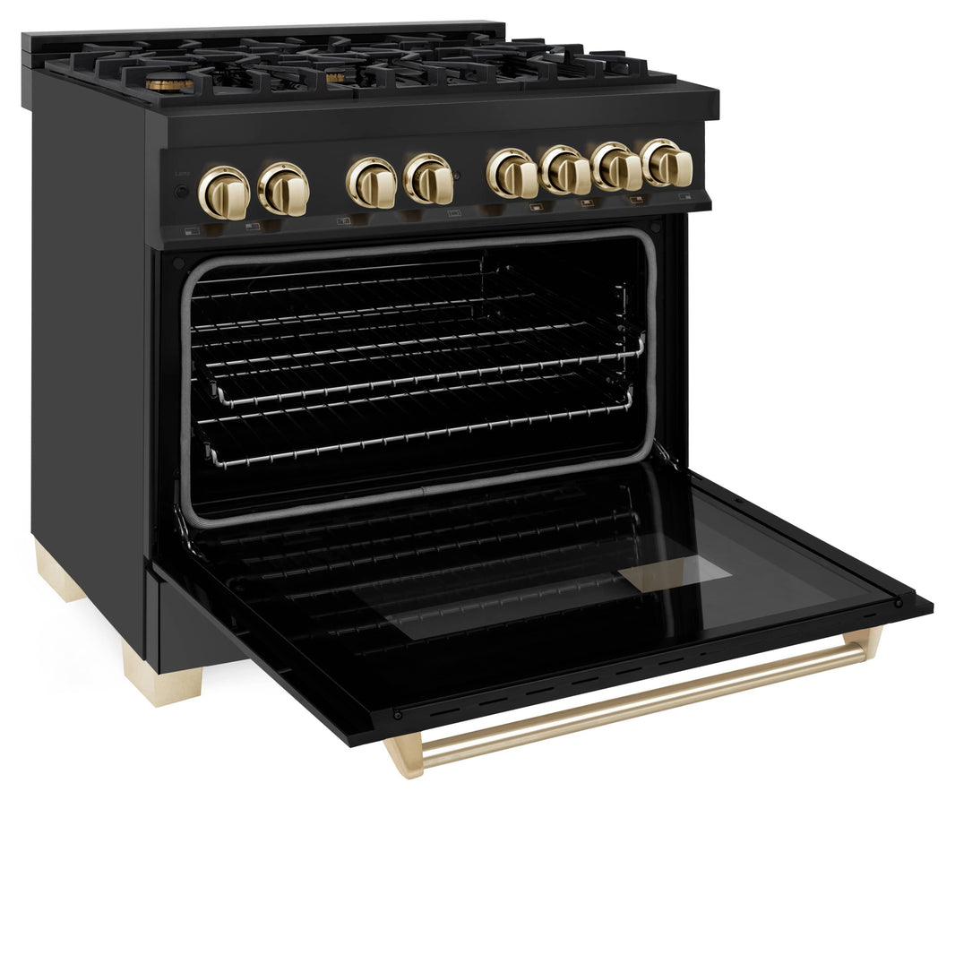 ZLINE Autograph Edition 36-Inch 4.6 cu. ft. Dual Fuel Range with Gas Stove and Electric Oven in Black Stainless Steel with Gold Accents (RABZ-36-G)