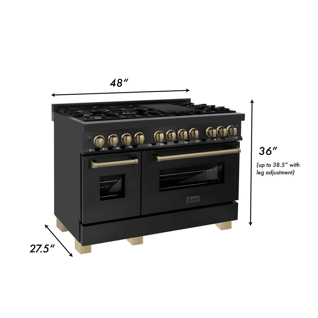 ZLINE Autograph Edition 2-Piece Appliance Package - 48" Dual Fuel Range & Wall Mounted Range Hood in Black Stainless Steel with Champagne Bronze Trim (2AKP-RABRH48-CB)