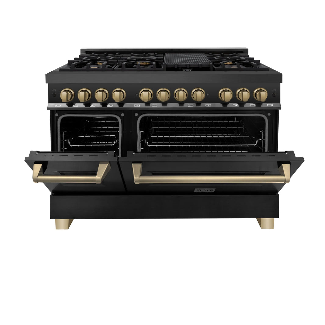 ZLINE Autograph Edition 2-Piece Appliance Package - 48" Dual Fuel Range & Wall Mounted Range Hood in Black Stainless Steel with Champagne Bronze Trim (2AKP-RABRH48-CB)