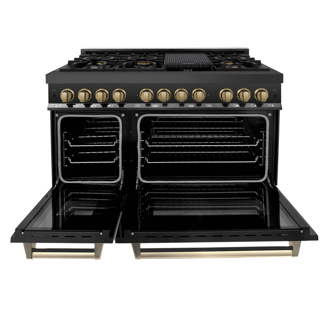 ZLINE Autograph Edition 48-Inch Gas Burner/Electric Oven in Black Stainless Steel with Champaign Bronze Accents (RABZ-48-CB)