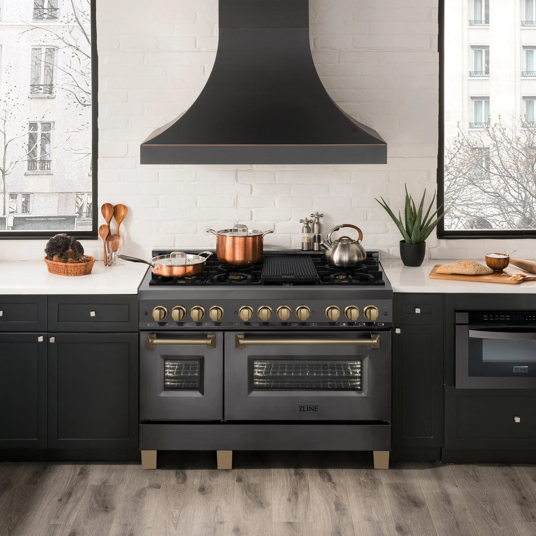 ZLINE Autograph Edition 3-Piece Appliance Package - 48" Dual Fuel Range, Wall Mounted Range Hood, & 24" Tall Tub Dishwasher in Black Stainless Steel with Champagne Bronze Trim (3AKP-RABRHDWV48-CB)