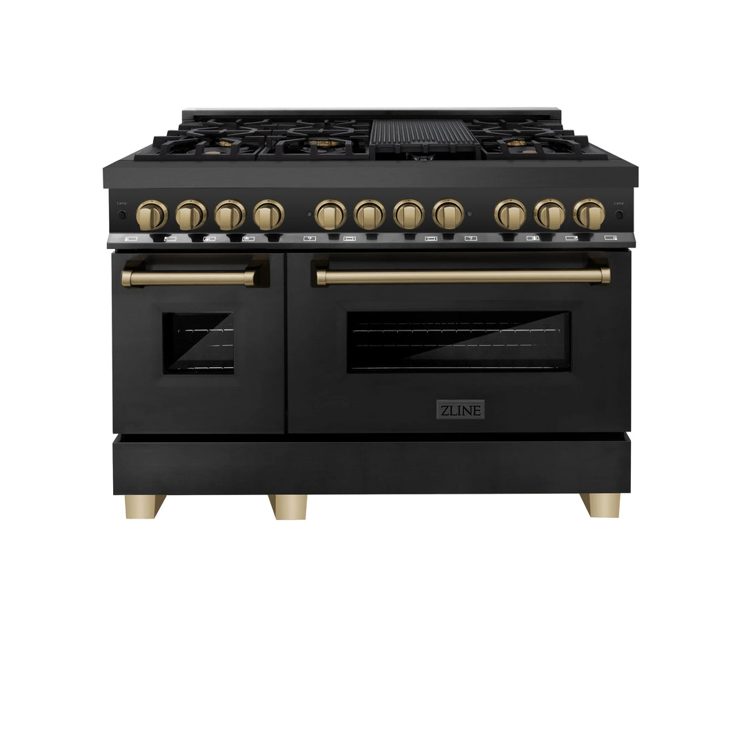 ZLINE Autograph Edition 3-Piece Appliance Package - 48" Dual Fuel Range, Wall Mounted Range Hood, & 24" Tall Tub Dishwasher in Black Stainless Steel with Champagne Bronze Trim (3AKP-RABRHDWV48-CB)