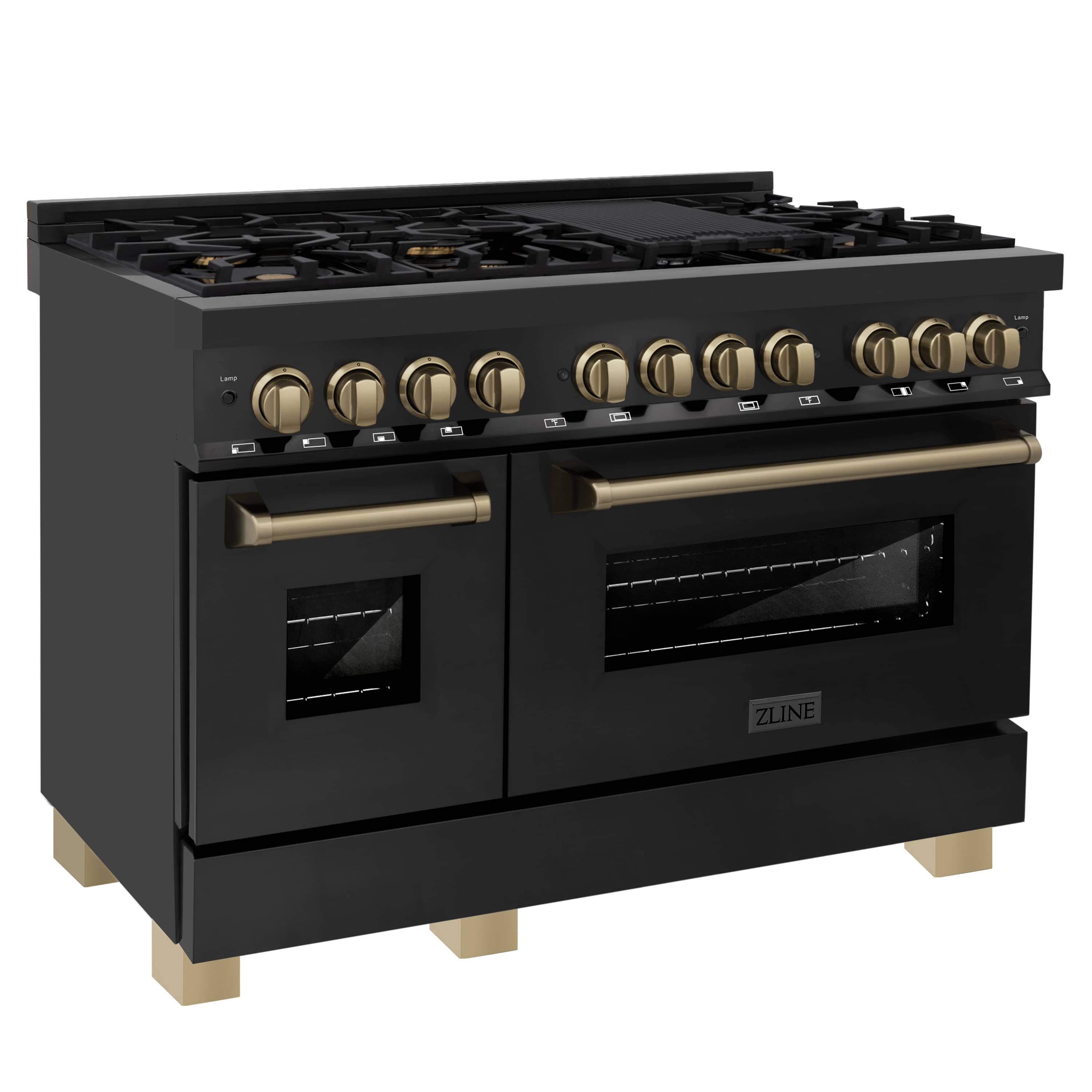 ZLINE Autograph Edition 48-Inch Gas Burner/Electric Oven in Black Stainless Steel with Champaign Bronze Accents (RABZ-48-CB)