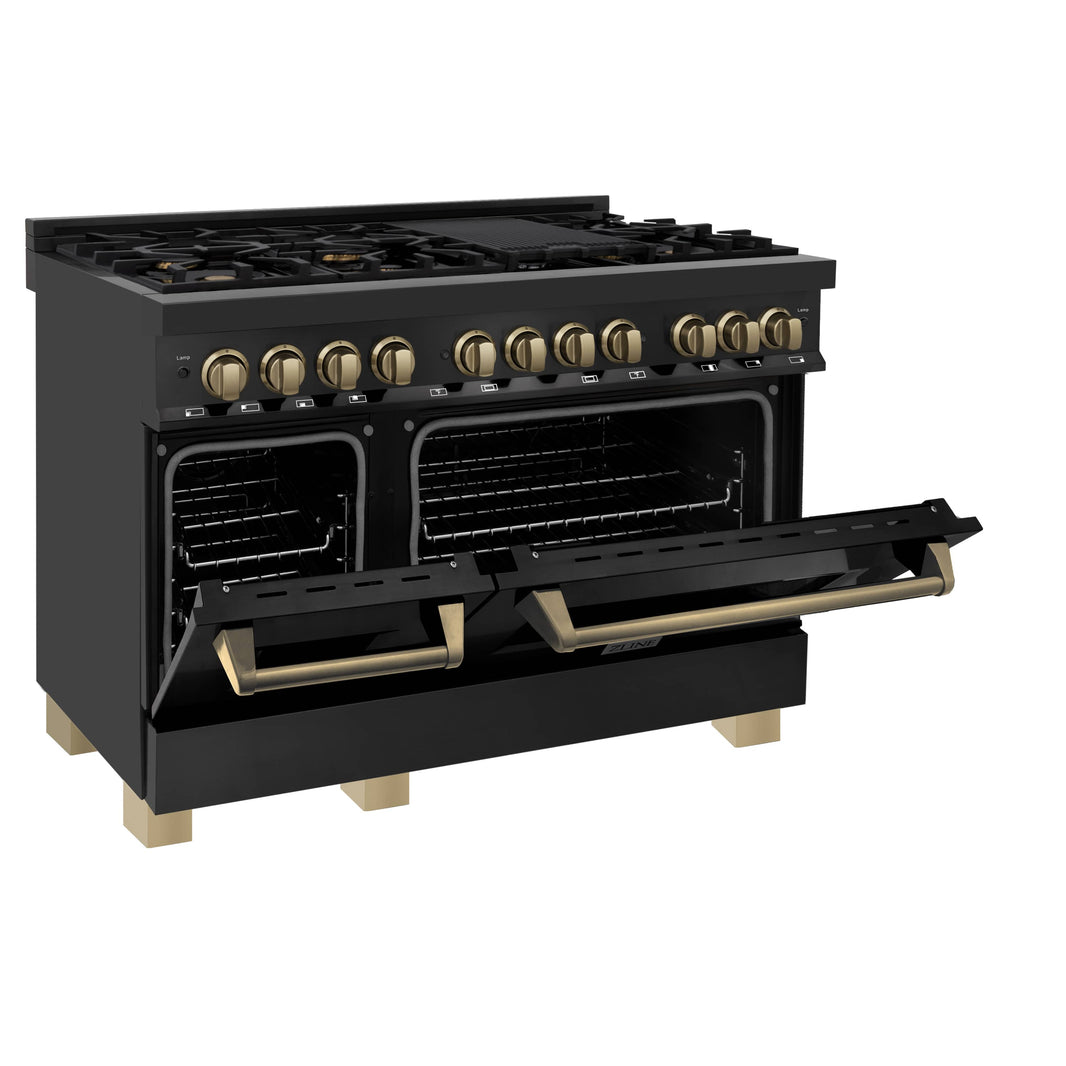 ZLINE Autograph Edition 48-Inch Gas Burner/Electric Oven in Black Stainless Steel with Champaign Bronze Accents (RABZ-48-CB)