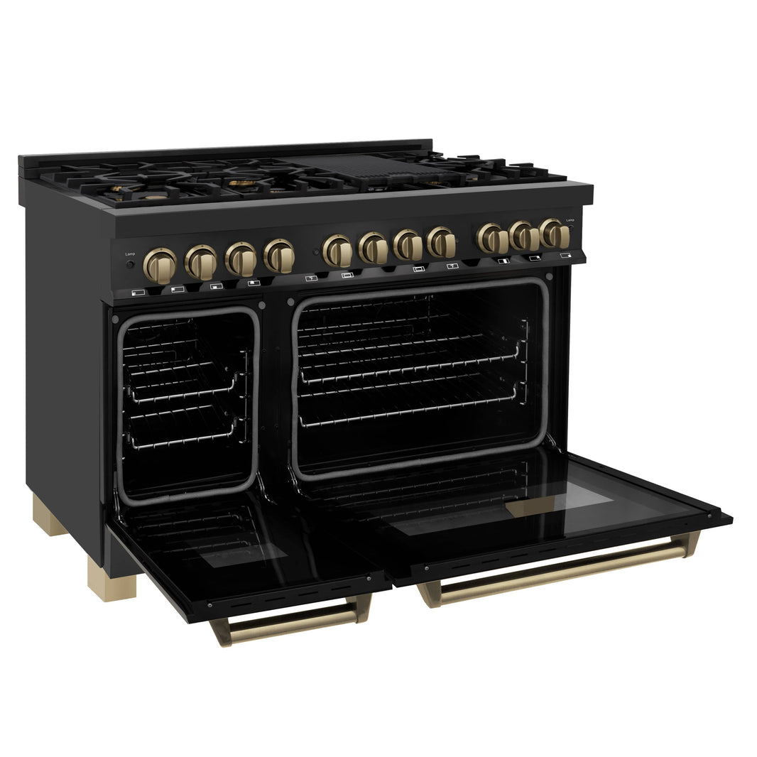 ZLINE Autograph Edition 48-Inch Gas Burner/Electric Oven in Black Stainless Steel with Champaign Bronze Accents (RABZ-48-CB)