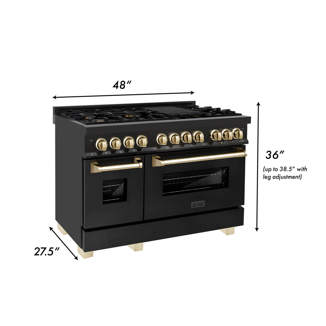 ZLINE Autograph Edition 3-Piece Appliance Package - 48" Dual Fuel Range, Wall Mounted Range Hood, & 24" Tall Tub Dishwasher in Black Stainless Steel with Gold Trim (3AKP-RABRHDWV48-G)