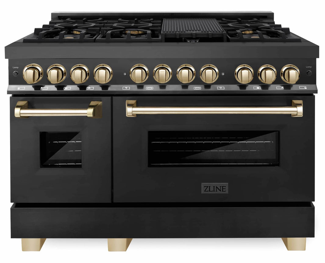 ZLINE Autograph Edition 48-Inch 6.0 cu. ft. Dual Fuel Range with Gas Stove and Electric Oven in Black Stainless Steel with Gold Accents (RABZ-48-G)