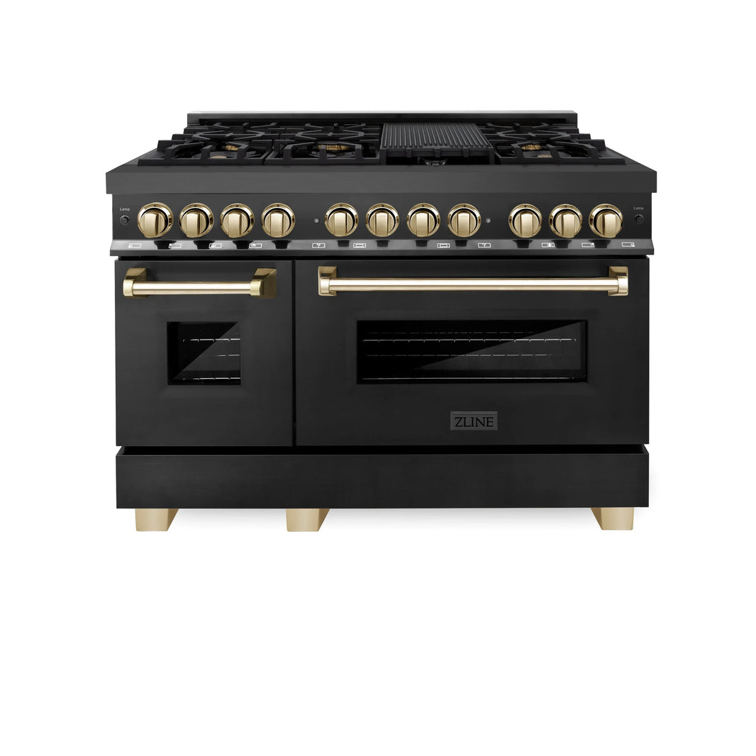 ZLINE Autograph Edition 3-Piece Appliance Package - 48" Dual Fuel Range, Wall Mounted Range Hood, & 24" Tall Tub Dishwasher in Black Stainless Steel with Gold Trim (3AKP-RABRHDWV48-G)