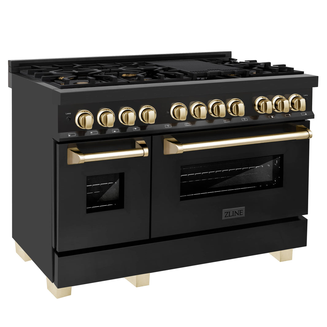 ZLINE Autograph Edition 48-Inch 6.0 cu. ft. Dual Fuel Range with Gas Stove and Electric Oven in Black Stainless Steel with Gold Accents (RABZ-48-G)