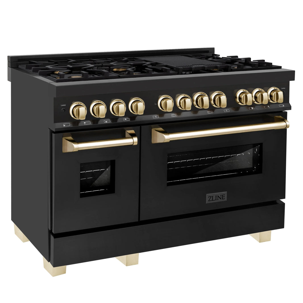 ZLINE Autograph Edition 3-Piece Appliance Package - 48" Dual Fuel Range, Wall Mounted Range Hood, & 24" Tall Tub Dishwasher in Black Stainless Steel with Gold Trim (3AKP-RABRHDWV48-G)