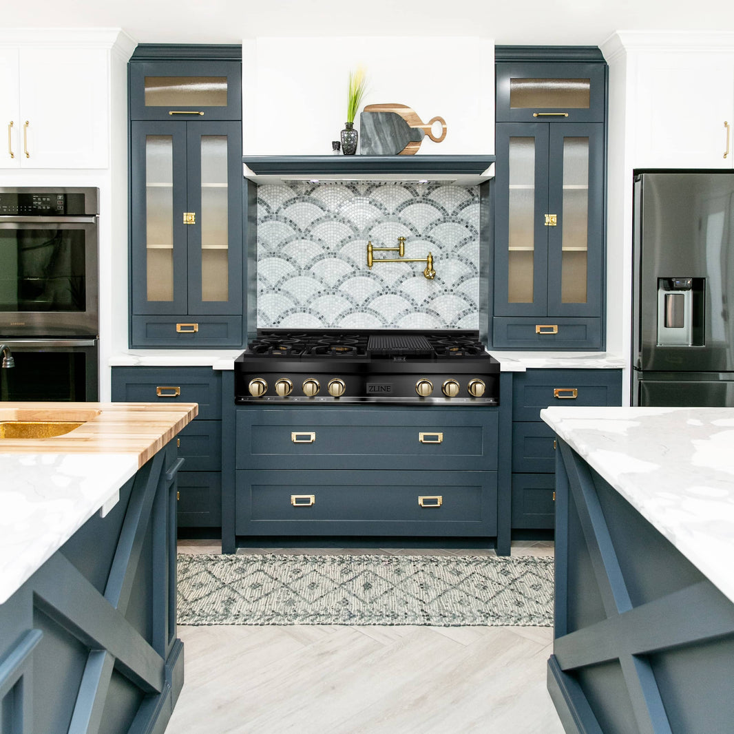 ZLINE Autograph Edition 48-Inch Porcelain Rangetop with 7 Gas Burners in Black Stainless Steel and Gold Accents (RTBZ-48-G)