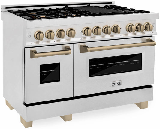 ZLINE Autograph Edition 48-Inch Dual Fuel Range with Gas Stove and Electric Oven in DuraSnow® Stainless Steel with Champagne Bronze Accents (RASZ-SN-48-CB)