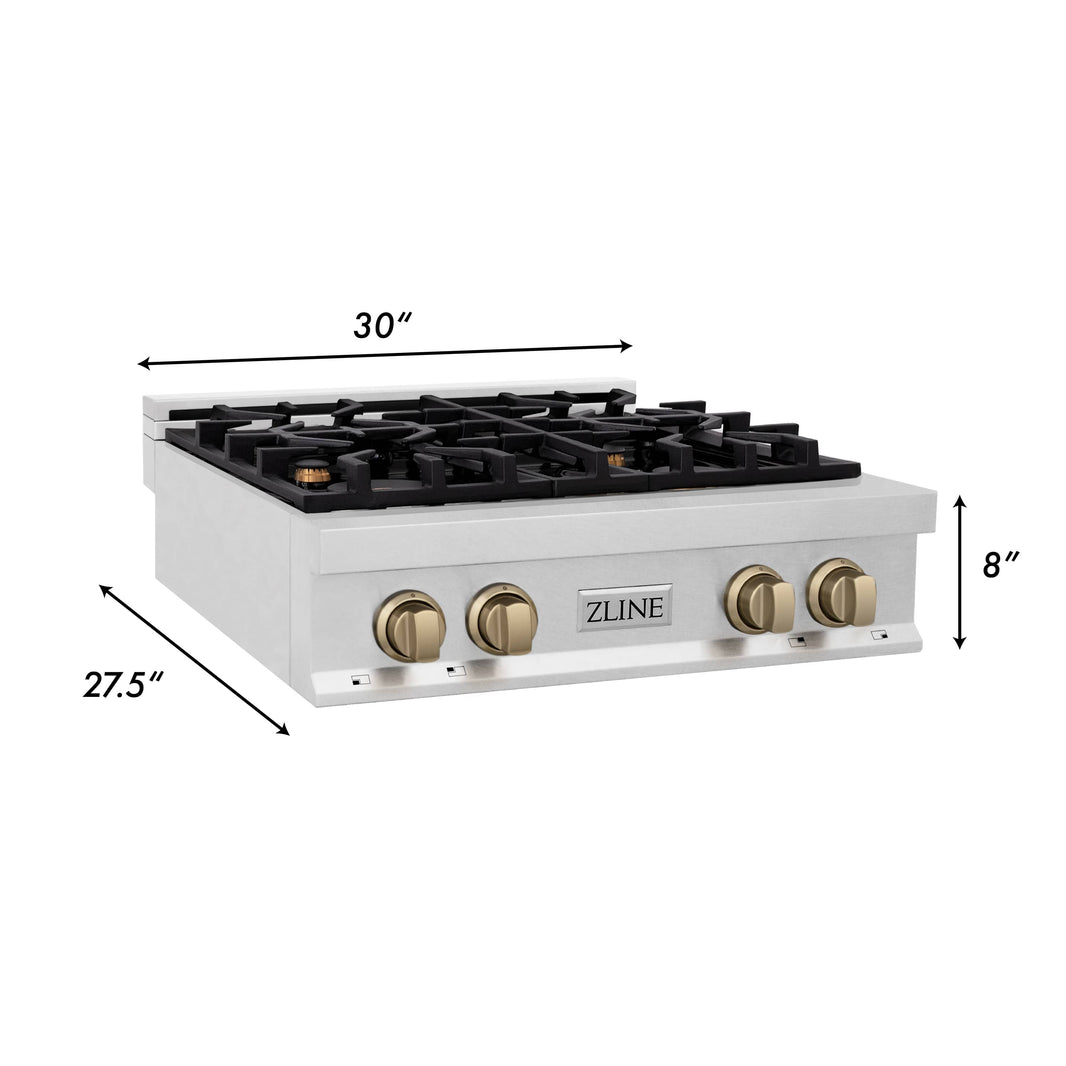 ZLINE Autograph Edition 30-Inch Porcelain Rangetop with 4 Gas Burners in DuraSnow Stainless Steel and Champagne Bronze Accents (RTSZ-30-CB)