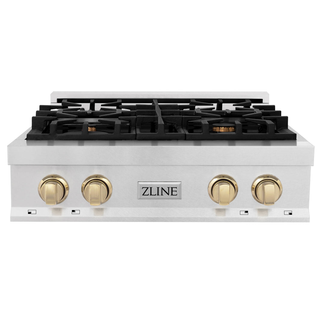 ZLINE Autograph Edition 30-Inch Porcelain Rangetop with 4 Gas Burners in DuraSnow® Stainless Steel and Gold Accents (RTSZ-30-G)