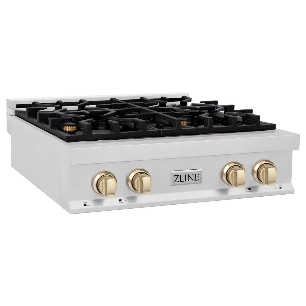 ZLINE Autograph Edition 30-Inch Porcelain Rangetop with 4 Gas Burners in DuraSnow® Stainless Steel and Gold Accents (RTSZ-30-G)