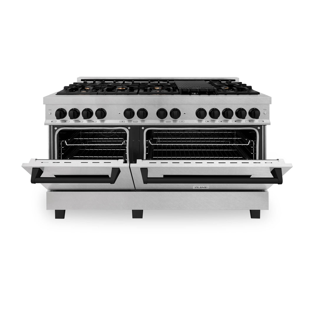 ZLINE Autograph Edition 60-Inch Dual Fuel Range with Gas Stove and Electric Oven in DuraSnow Stainless Steel with Matte Black Accents (RASZ-SN-60-MB)