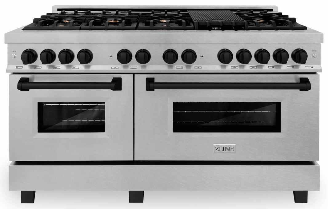 ZLINE Autograph Edition 60-Inch Dual Fuel Range with Gas Stove and Electric Oven in DuraSnow Stainless Steel with Matte Black Accents (RASZ-SN-60-MB)