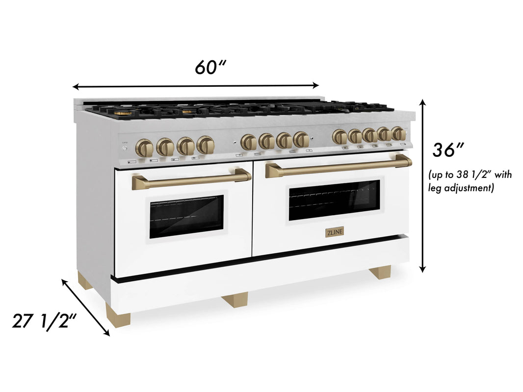 ZLINE Autograph Edition 60-Inch Dual Fuel Range, Gas Stove and Electric Oven, in DuraSnow® Stainless Steel, White Door, Bronze Accents (RASZ-WM-60-CB)